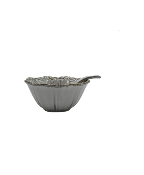Gray Porcelain Bowl, Embossed Soup Bowl With Spoon