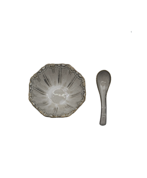 Gray Porcelain Bowl, Embossed Soup Bowl With Spoon