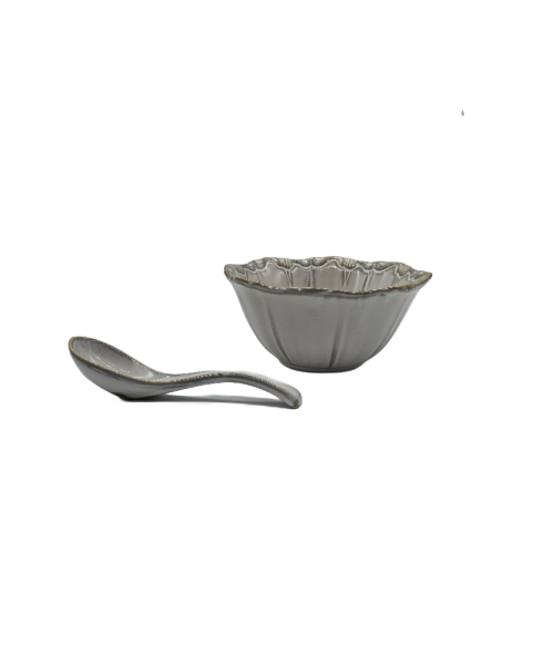 Gray Porcelain Bowl, Embossed Soup Bowl With Spoon