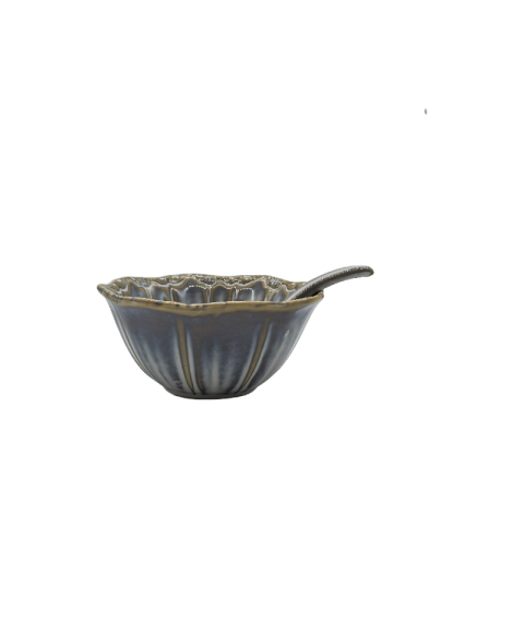 Blue Porcelain Bowl,Embossed Soup Bowl With Spoon